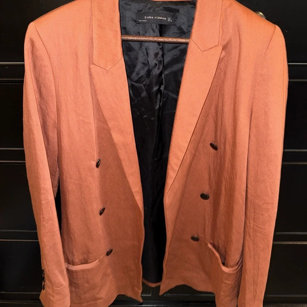 ZARA WOMAN LONG DOUBLE BREASTED JACKET‎ COAT BLAZER ORANGE RUSSET - Large